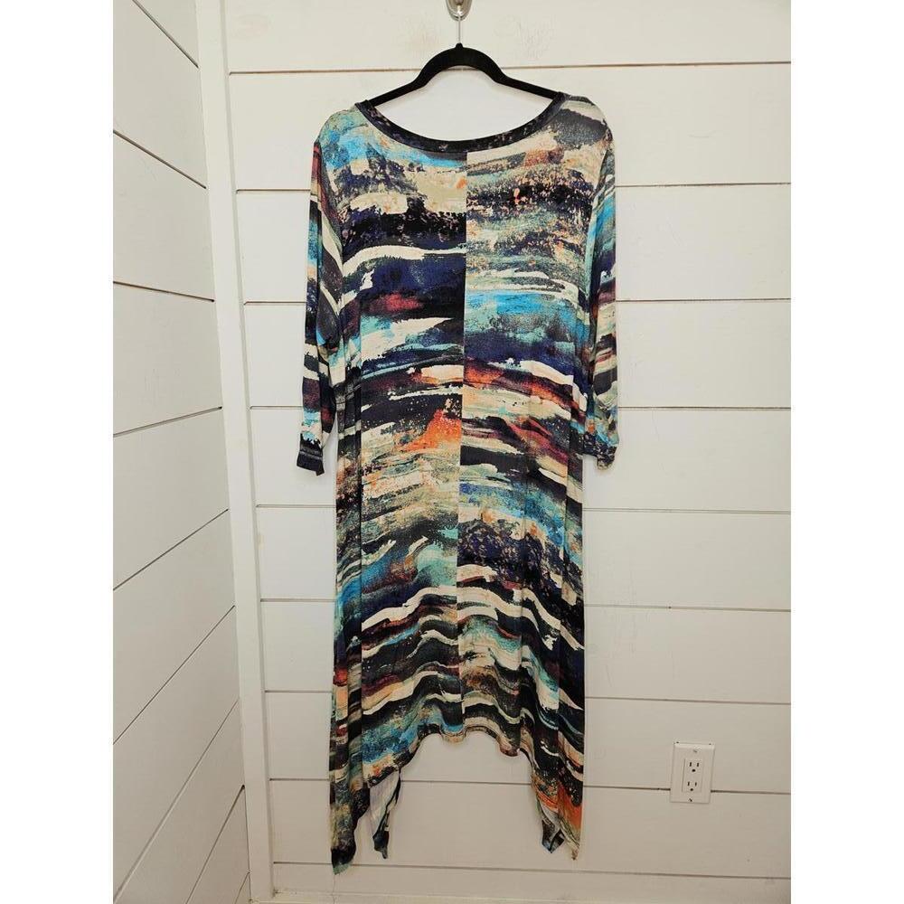 Cupio 1X multicolored bohemian long sleeve stretchy asymmetrical knit dress - Picture 2 of 5